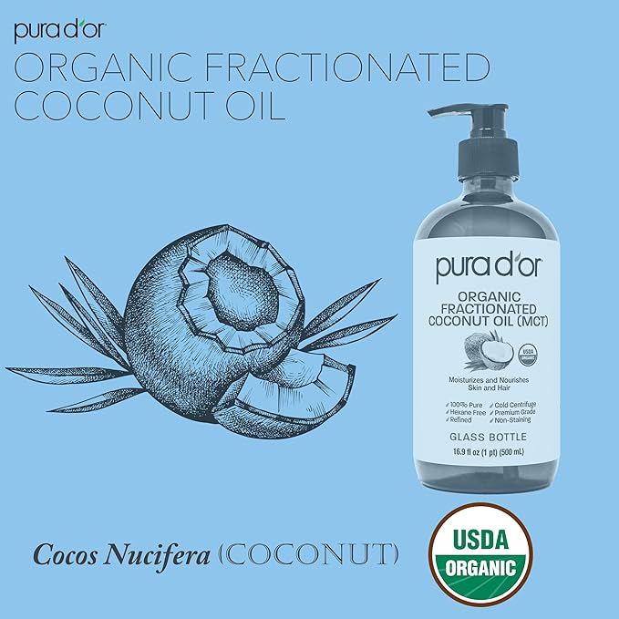 PURA D'OR 16.9 Oz ORGANIC Fractionated Coconut Oil MCT Oil (GLASS BOTTLE) 100% Pure & Natural USDA