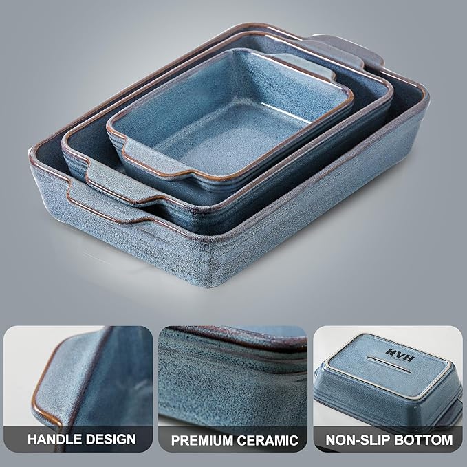 HVH 9x13 Baking Dish Set, Large Casserole Dishes for Oven, Ceramic Bakeware Set of 3, Rectangular