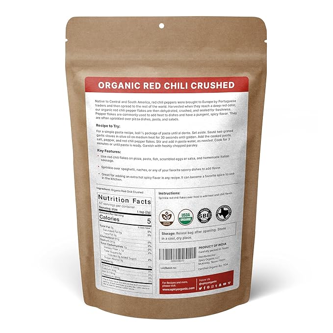 SPICY ORGANIC Crushed Red Pepper Flakes 4 oz. - Robust Chili Peppers Seasoning Spice - USDA