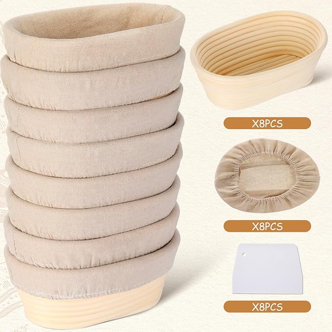 Gejoy Oval Banneton Bread Proofing Basket Set of 8, Sourdough Bread Baking Bowl Kit with Cloth
