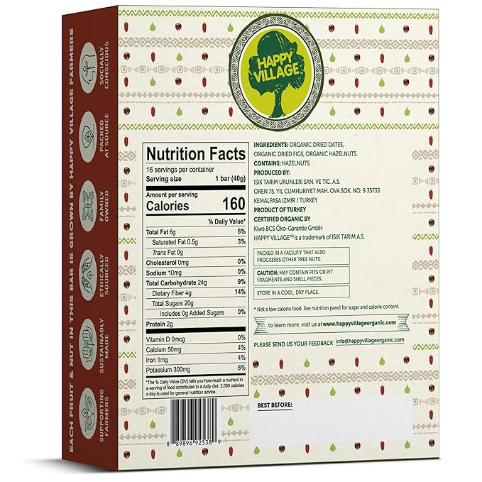 Happy Village Organic Fig & Nut Bars, DATE | Only 3 Ingredients, Gluten Free, No Added Sugar