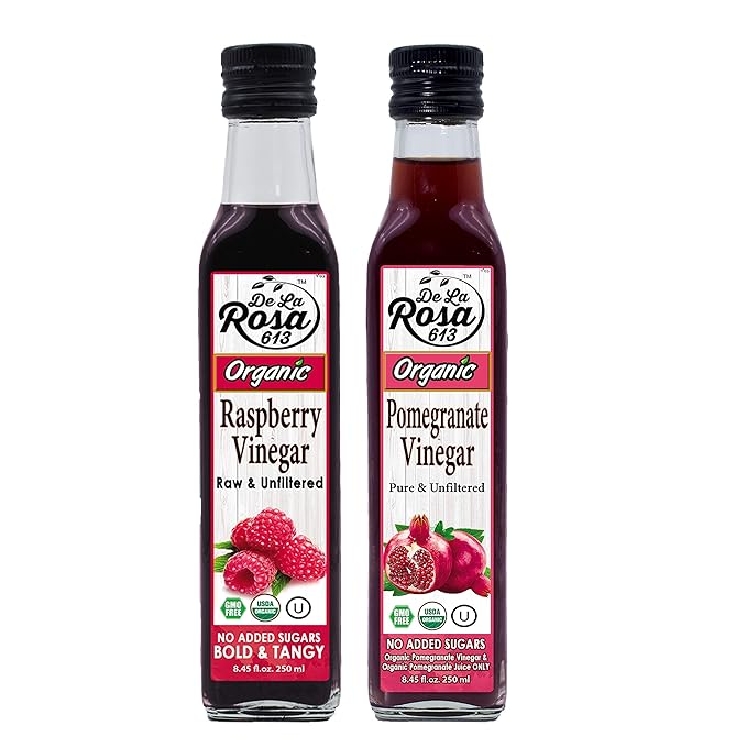 De La Rosa Organic Raspberry & Pomegranate Vinegar, Raw & Unfiltered, Vegan, Gluten Free & Kosher