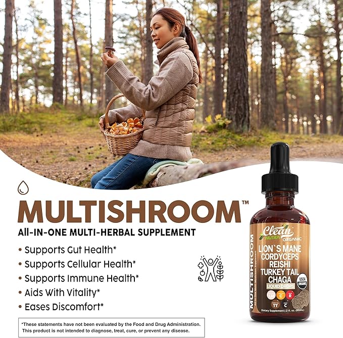 Organic Mushroom Supplement Liquid Drops with Lions Mane Turkey Tail Cordyceps Reishi Chaga Shitake