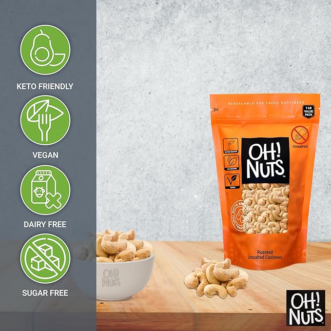 Oh! Nuts Cashews Roasted Unsalted - 1 lb - Roasted Unsalted Cashews - Packed in New York Zip-Seal