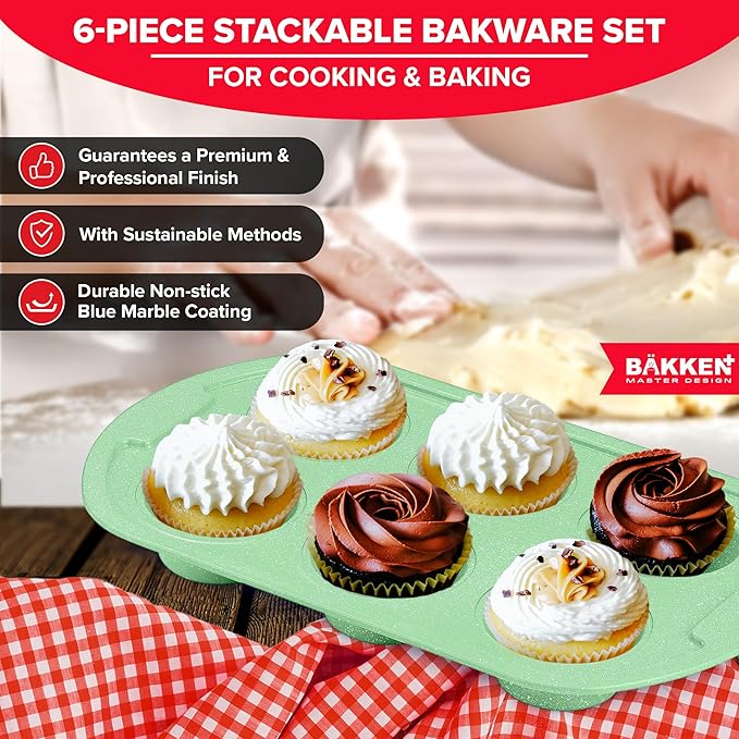 BAKKEN Kitchen Baking Pan Set - Nonstick Green Marble Coating, Commercial Grade Carbon Steel