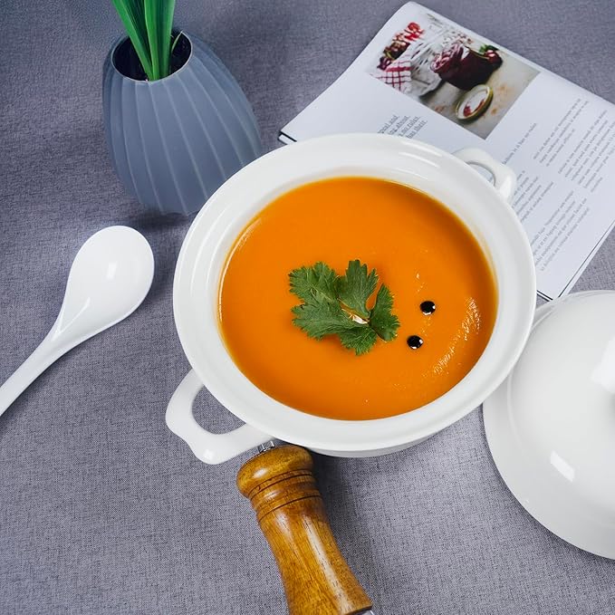 Casserole dish with Lid and soup spoon, Ceramic Serving Soup Tureen, 1.8 QT White French Serving