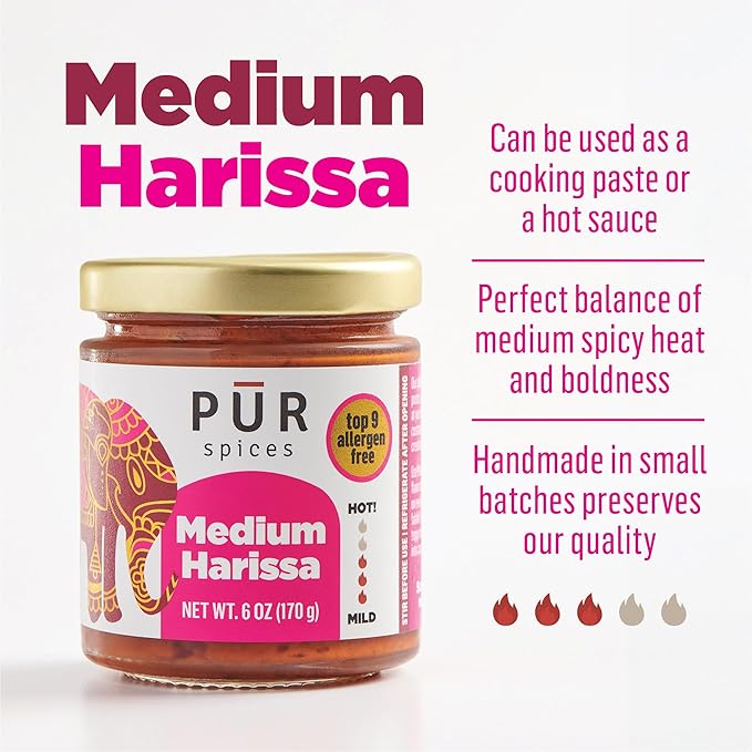 PUR Spices Medium Harissa Paste I Hot Sauce for Cooking and Dipping I Spicy Chili Pepper and Garlic