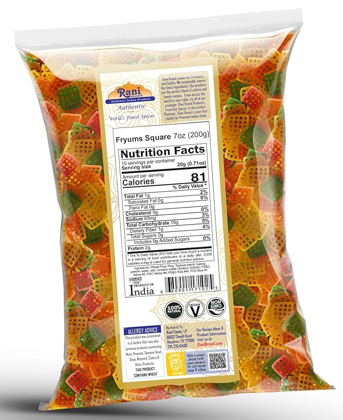 Rani Far Far / Fryums (Wheat & Tapioca Pellet) Square Shape 7oz (200g) ~ Vegan, Kosher, Uncooked