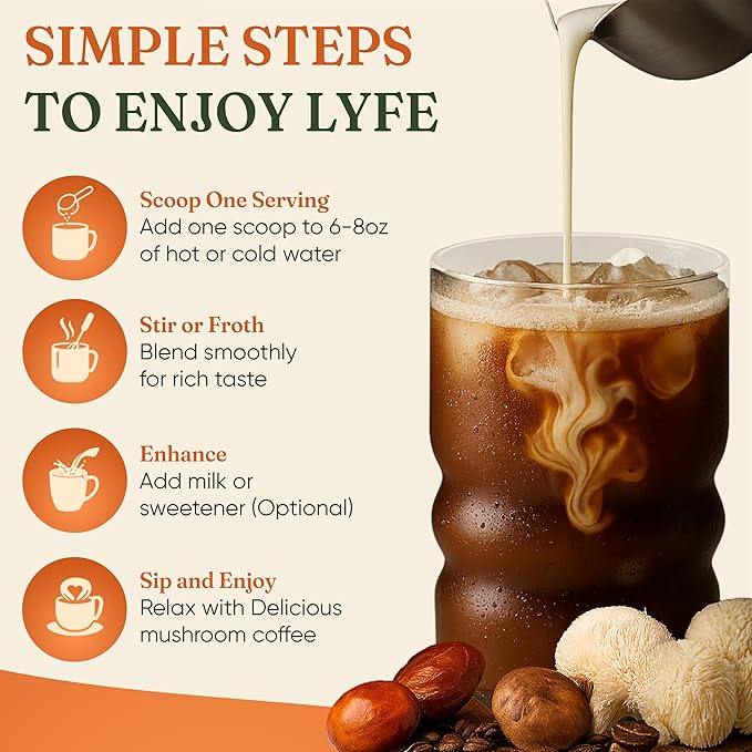LYFE Organic Instant Decaf Mushroom Coffee ??Lion?™s Mane, Chaga, Cordyceps, Turkey Tail | USA