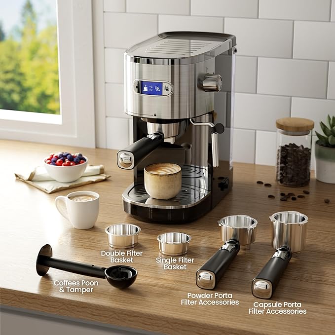 Espresso Machine 20 Bar, Professional Compact Stainless Steel Coffee Maker with LCD Display, Steam