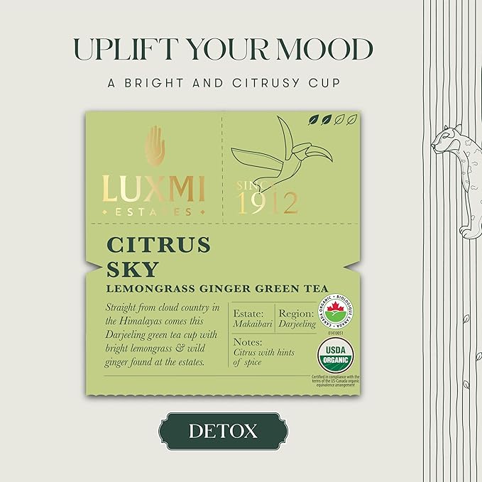 Luxmi Estates Citrus Sky Lemongrass Ginger Green Tea 200g Loose Leaf Pack | Certified Organic