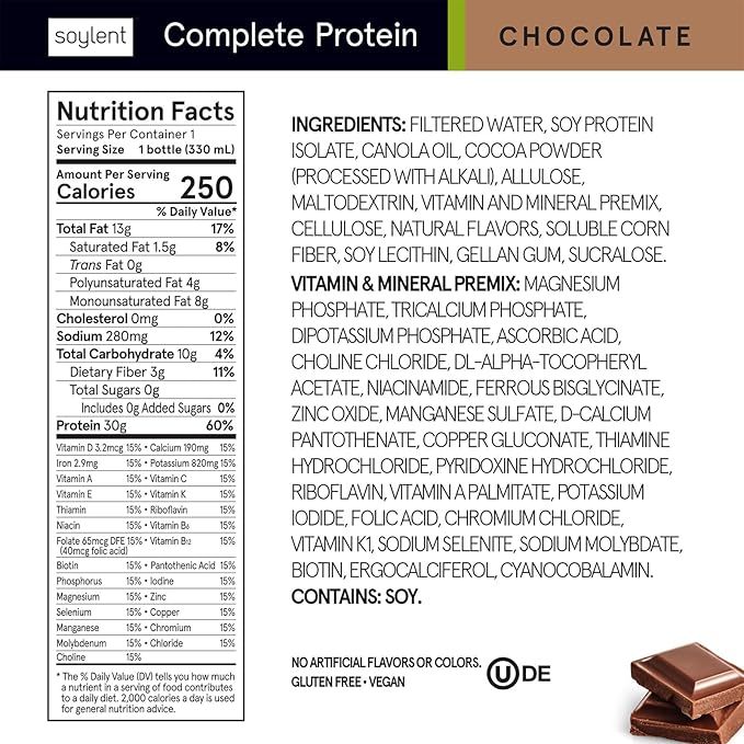 Soylent Complete Protein Shake, Chocolate, 30g Protein, Vegan, Dairy Free and 0g Sugar, Ready to