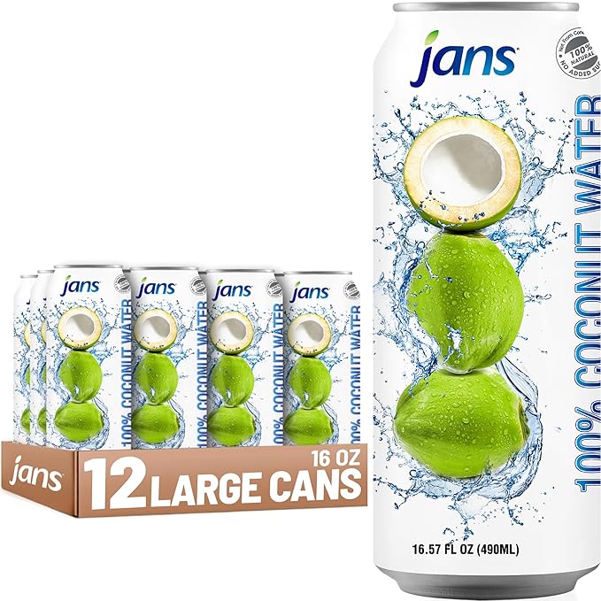 Jans 100% Pure Coconut Water with Real Pulp (12-Pack 16.57 Fl Oz) - No Sugar Added, Non-GMO