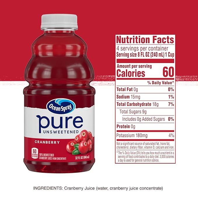 Ocean Spray® Pure Unsweetened Cranberry, 100% Cranberry Juice From Concentrate, 32 Fl Oz Bottle