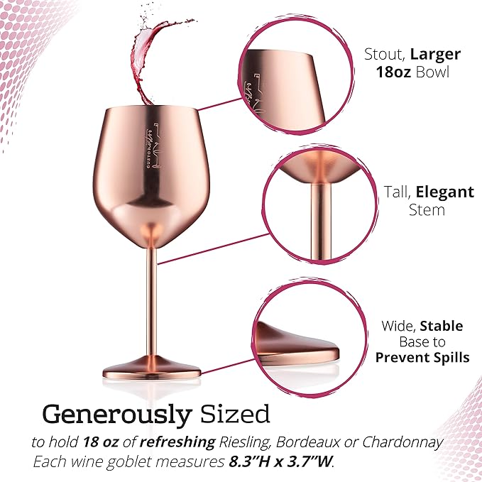 Gusto Nostro Stainless Steel Wine Glass - 18 oz - Unbreakable Rose Gold Wine Glasses for Travel
