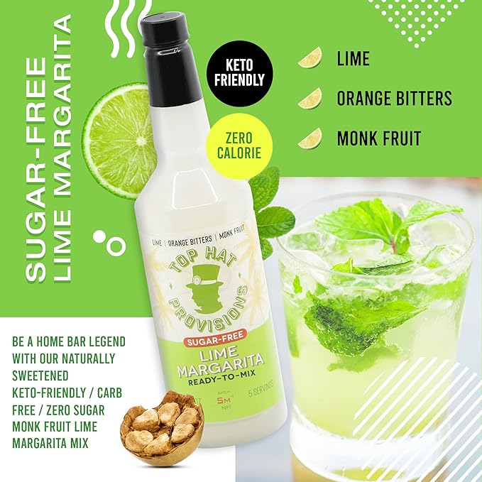Top Hat Keto Sugar Free Lime Margarita Mix - Naturally Sweetened with Monk Fruit - Craft Mixer for