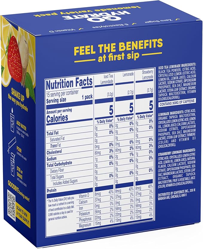 GoHydrate Instant Hydration Powder Packets - Low Sodium Electrolytes Drink Mix - Natural Hydration