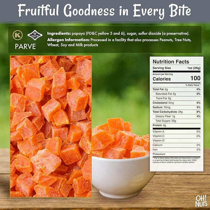 Oh! Nuts Dried Papaya Diced - 2 lb - Dried Fruit Diced - Less Sugar Added - Dehydrated Fruit Bites