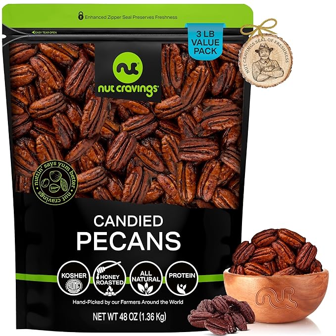 NUT CRAVINGS - Candied Pecans Honey Glazed Praline, No Shell (48oz - 3 LB) Bulk Nuts Packed Fresh