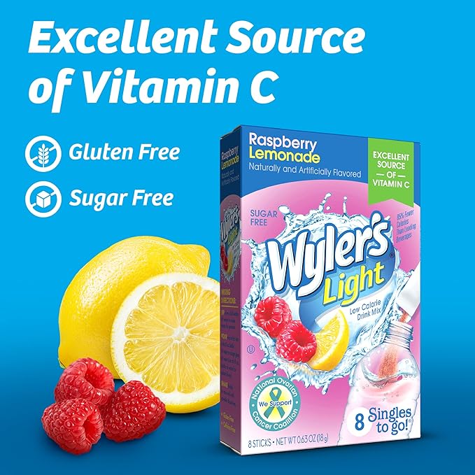 Wyler's Light Singles To Go Powder Packets, Water Drink Mix, Raspberry Lemonade, 96 Single Servings