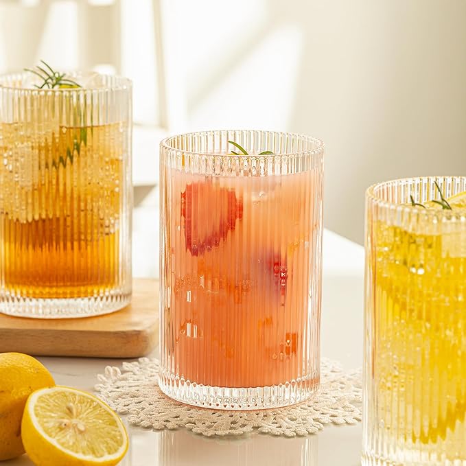 Vintage Ribbed Glassware Set: 6pcs 16.9oz XL Drinking Glasses, Fluted Ripple Drinkware, Origami