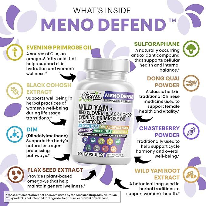 Clean Nutra Wild Yam Root Capsules with Red Clover Black Cohosh Evening Primrose Oil Chasteberry