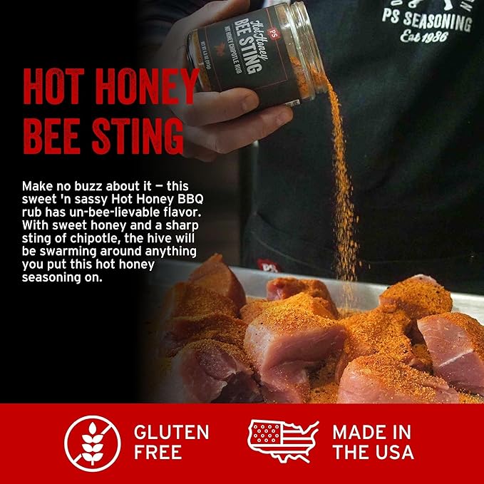 PS Seasoning Bee Sting - Hot Honey Chipotle BBQ Seasoning and Rubs for Smoking, Grilling, Baking