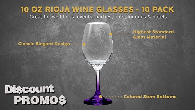DISCOUNT PROMOS Rioja Wine Glasses with Stem 10 oz. Set of 10, Bulk Pack - Color Bottom, Perfect