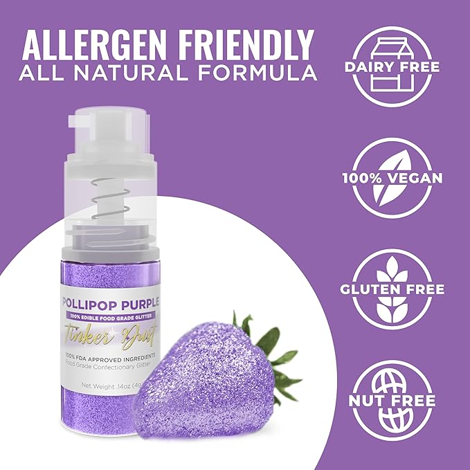 Bakell - Pollipop Purple Tinker Dust (4g, 1x Mini Spray Pump) Edible Glitter for Food, Desserts