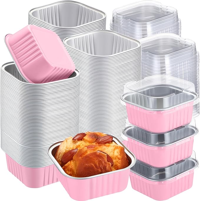 200 Pack 5 oz Square Baking Cups with Lids Aluminum Foil Mini Cake Pans with Lids Disposable