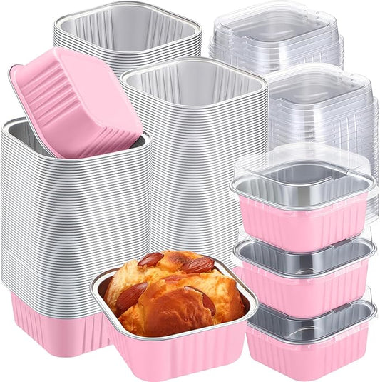 200 Pack 5 oz Square Baking Cups with Lids Aluminum Foil Mini Cake Pans with Lids Disposable