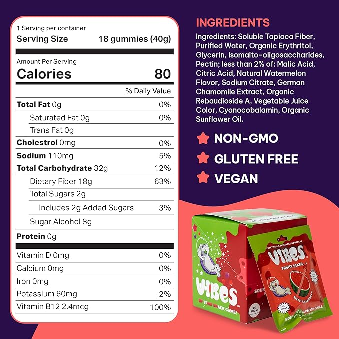 VIBES Sour Watermelon Chill Fruity Stars - Delicious Low Calorie Gluten-Free Bulk Fruit Snacks