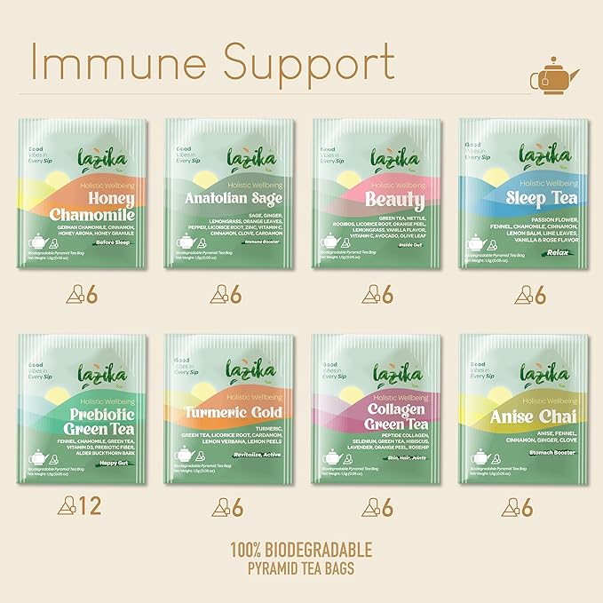 Lazika Herbal Tea Variety Pack with Lovely Presentation Box, 54 Counts, Immune Support Tea