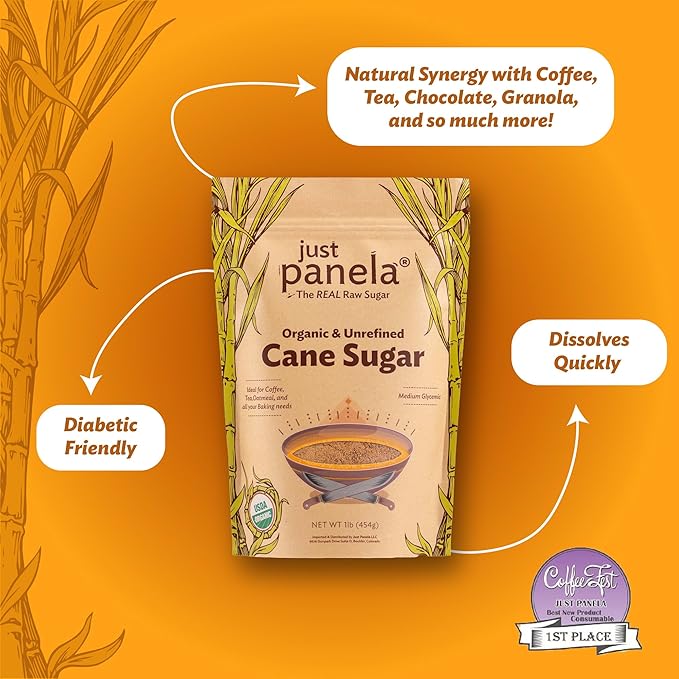Just Panela Organic Unrefined Cane Sugar 1 Pound | 100% Unprocessed, Raw Sugar | Great for Baking