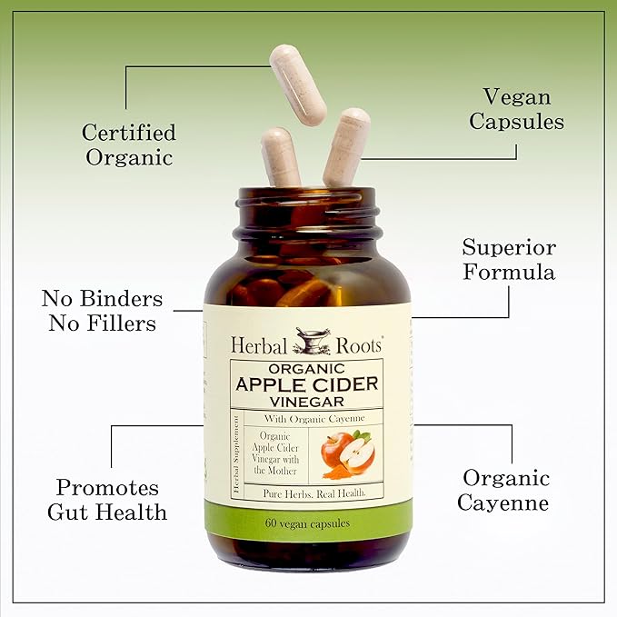 Herbal Roots Organic Apple Cider Vinegar Capsules with Mother and Organic Cayenne | 650 mg | 60
