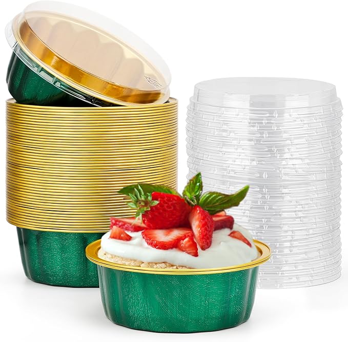 Beasea Disposable Ramekins with Lids, 8oz 50 Pack Aluminum Cups for Baking Jade Green, Aluminum