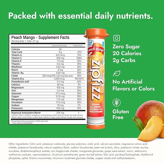 Zipfizz Daily Energy Drink Powder, Peach Mango, 20 Pack | 3-in-1 Sustained Energy, Rapid Hydration