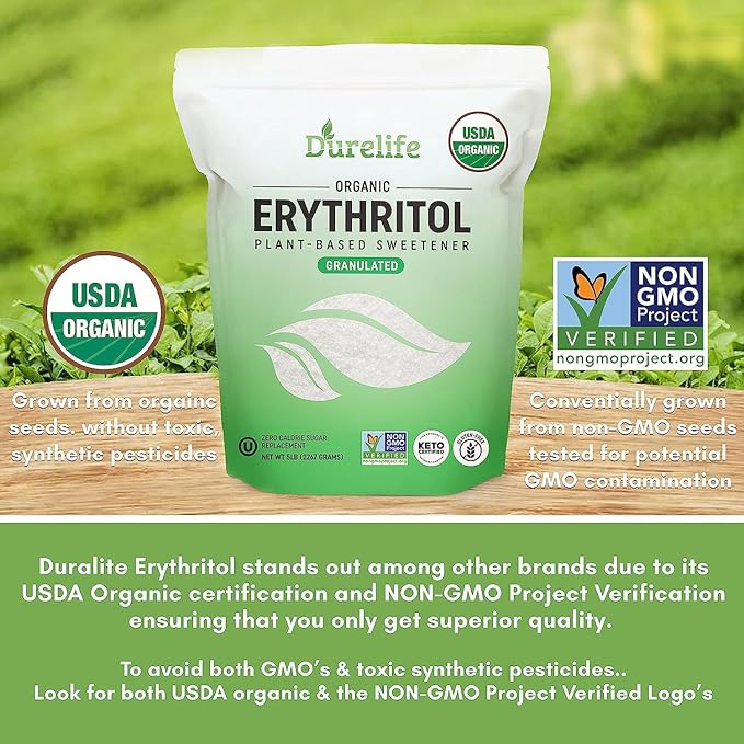 Durelife USDA organic erythritol sweetener, non gmo verified, Keto certified, No After Taste