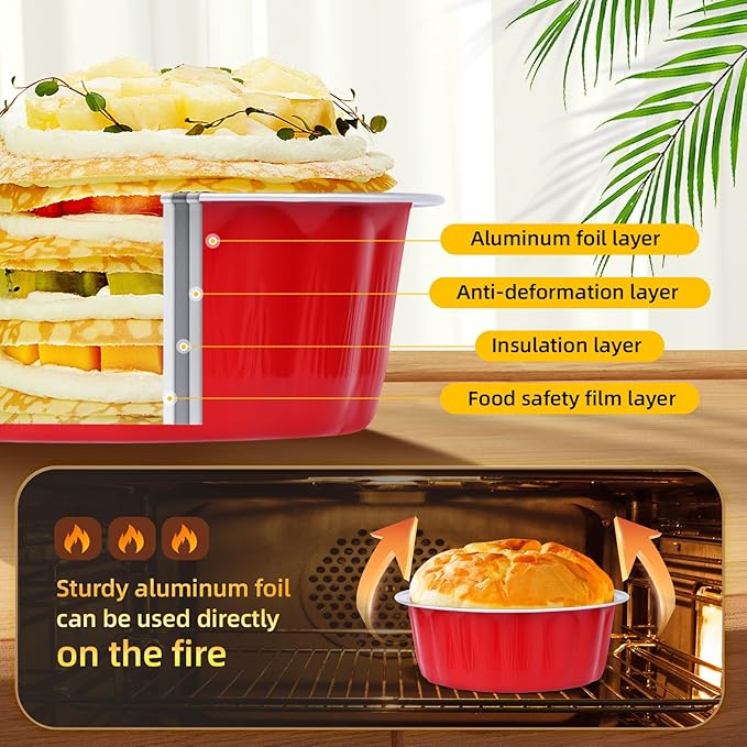 Beasea Disposable Ramekins for Baking, 120 Pack 8 oz 4 Inch with Lids Mini Red Foil Creme Brulee