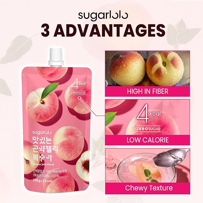 Sugarlolo Konjac Sweet Peach Jelly Snack - Vegan Jello with Zero Sugar | Only 4 Calories per Pouch