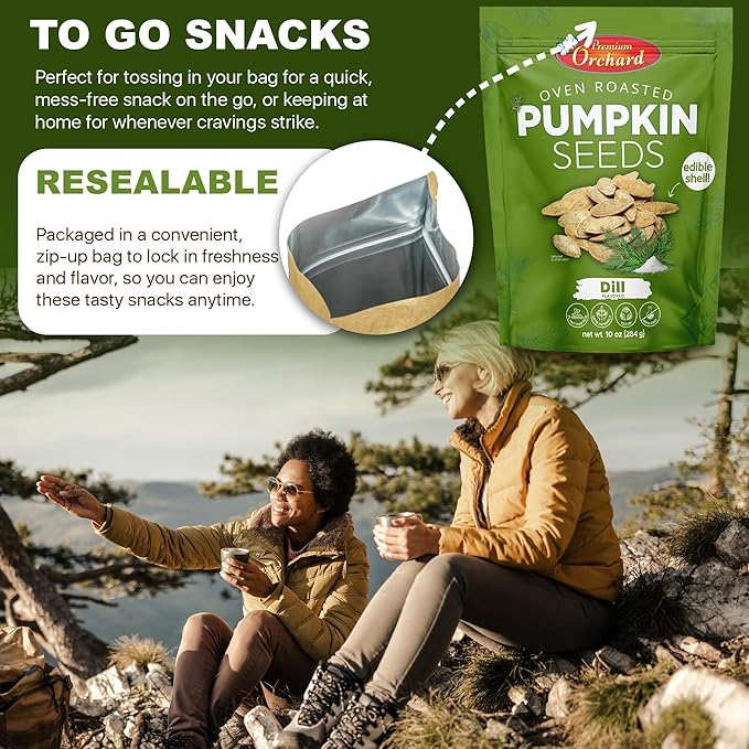 PREMIUM ORCHARD Flavored Pumpkin Seeds Oven Roasted | Dill Flavor | High Protein Snacks for Kids