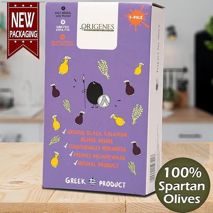 Pack of 4 Kalamon Olives in Vacuum Pack, Kalamata Olives with Greek Oregano and Red Wine Vinegar