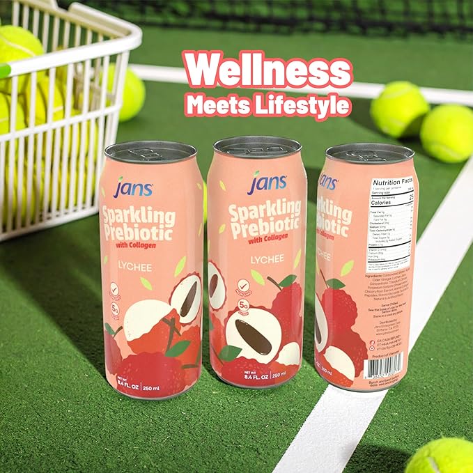 Jans Sparkling Prebiotic with Collagen Soda Beverage ??Lychee 8.4 Fl Oz (6-Pack) ??Low Calorie, NO