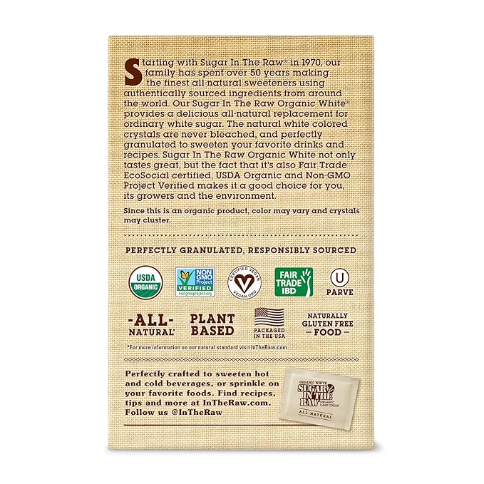 Sugar In The Raw Organic Granulated White Premium Cane Sugar, No Added Flavors or erythritol, Pure