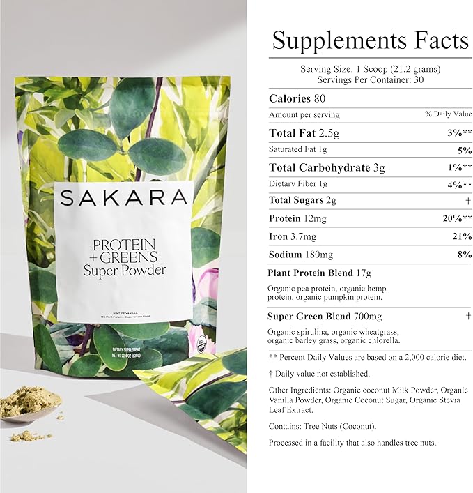 Sakara Protein + Greens Super Powder, 30 Servings - Organic Protein Powder Hemp, Pumpkin, Pea