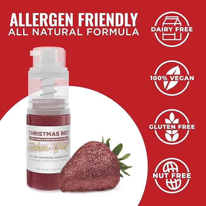 Bakell - Christmas Red Tinker Dust (4g, 1x Mini Spray Pump) Edible Glitter for Food, Desserts, and
