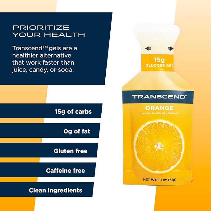 Transcend Foods Orange Gel (1.1 oz, Pack of 38) Fast-Acting Carb Gel Orange Flavor – Caffeine Free
