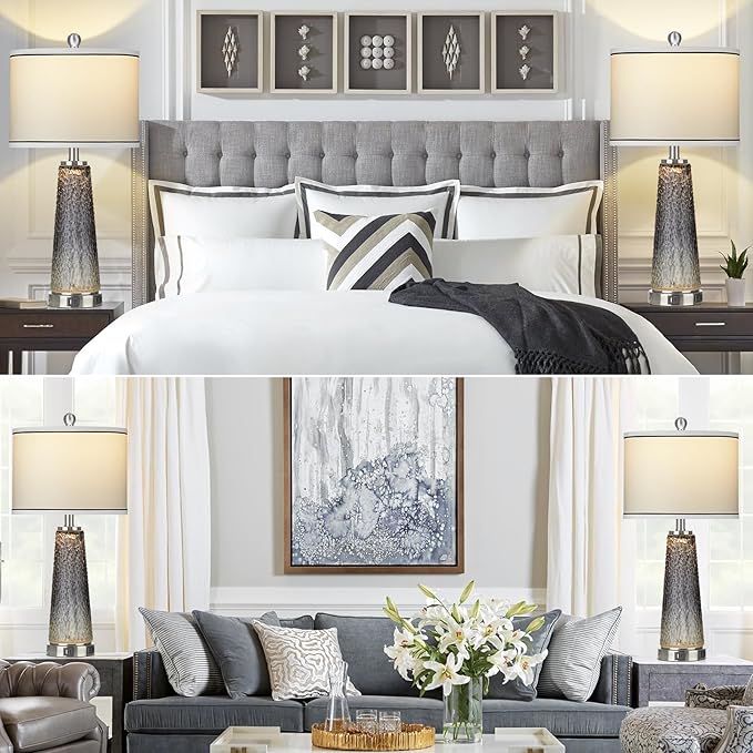 Glass Table Lamp Set of 2, 26" Modern Table Lamps with USB A+C Ports & AC Outlet, Touch Control