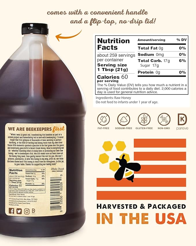 Desert Creek Honey - 100% Unfiltered, Pure, Raw Honey from Texas - Natural Sugar Substitute - One