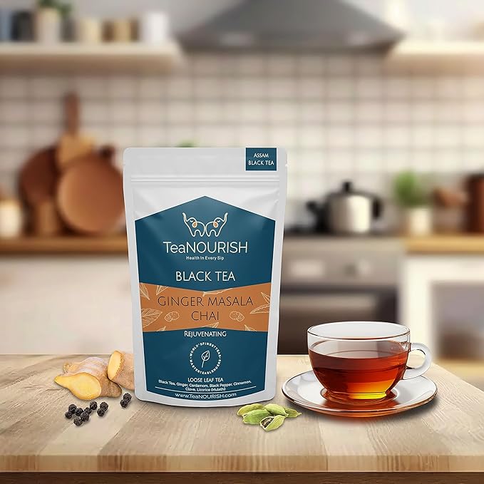 TeaNOURISH Ginger Masala Chai Tea | Assam CTC Loose Black Tea | Blended with Authentic Indian